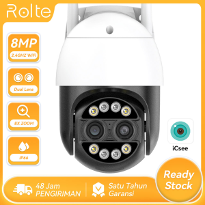Rolte 8MP Kamera WiFi Dual-Lensa 8X Zoom PTZ Kamera IP Warna Night Vision Dua Arah Audio Kamera CCTV Luar Ruangan Terhubung ke Ponsel