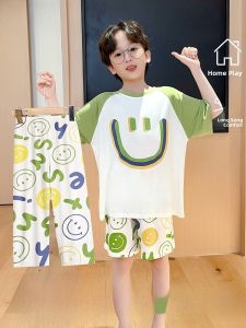 miiow | Catman Boys Summer Sleepwear Short Sleeve Cartoon Patterned Pajamas Three-Piece Set Childrens Home Clothes Lightweight Comfortable
