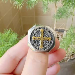 Crux Sancti Patris Benedict Cspb Nam Punk Cross Ring 316L Thép Không Gỉ Trang Sức Thời Trang Size 7-13