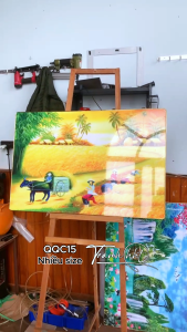 Tranh làng quê trang trí tranh quê hương decor tranh đồng quê dân làng cày lúa trên ruộng tráng gương treo tường QQC15