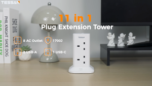 TESSAN Tower Extension Plug Surge Protector Power Strip Extension Socket Multiple Plug With USB C Tower Socket with 2M 5M Extension Cord