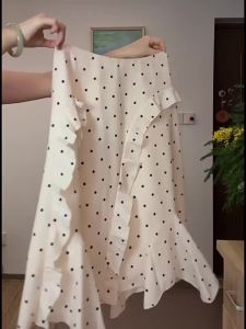 DUSHU | Spring Irregular Hem Dotted Half Skirt High Waist Commuter