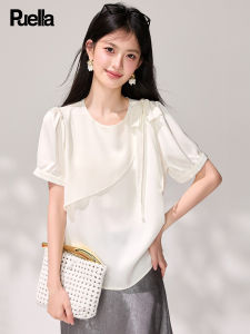puella | Irregular Hem Bead Butterfly Bow Round Collar Short Sleeve Shirt