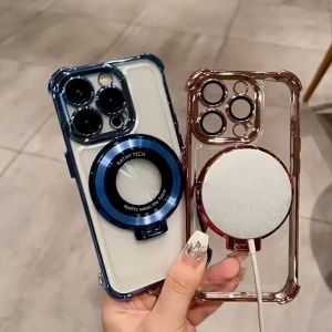 Magnetic MagSafe Stand Airbag Anti-jatuh Plating Hard Case Clear untuk iPhone 16, 15, 14 Pro Max Plus, 13, 12, 11 Pro Max dengan Pengisian Daya Nirkabel & Perlindungan Kamera