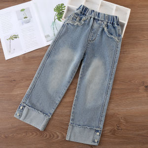 กางเกงยีนส์ขากว้างฤดูใบไม้ผลิและฤดูใบไม้ร่วงสำหรับเด็กผู้หญิง กางเกงขายาวทรงตรง กางเกงขายาวลำลอง เอวสูง สไตล์เกาหลี