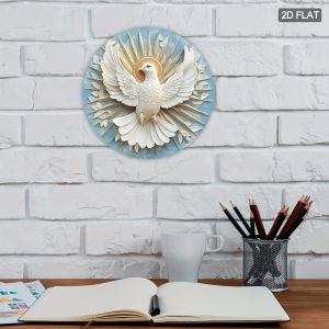 "The White Holy Spirit Dove" 2D Flat Metal Iron Sign Round Wall Art for Home & Porch Decor 7.8x7.8 Inch