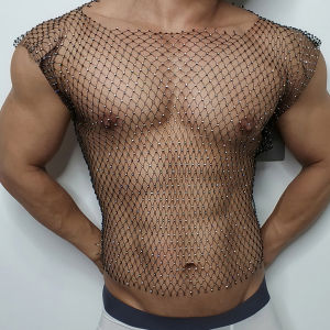 ผู้ชายเซ็กซี่เสื้อ Fishnet Rhinestone Shiny Hollow เสื้อกั๊ก Man ตาข่ายดูผ่านเสื้อยืดแขนกุดโปร่งใสเสื้อผ้า