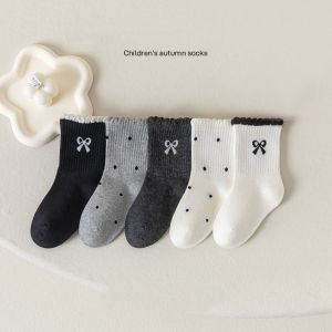 5 Pairs/set Childrens Socks Spring Autumn Kids Girls Mid Calf Bow Polka Dots Print Sock Fashion Princess Socks For Students