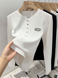 White Long Sleeve Womens T-shirt Spring 2025 New Style Vintage American Buttoned Henry Top Inner Wear Base Shirt