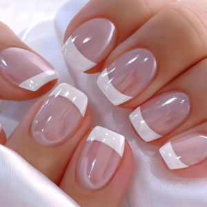 Short Medium Square fake nails pearl shimmer Minimalist french style white pink grey blue edge full cover press on false nail