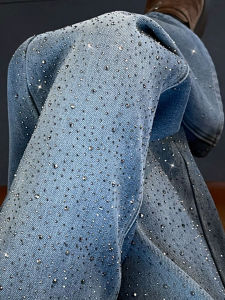 XIANGHOUMINCHU | Glittering Rhinestone Blue Denim Trousers Slim Wide Leg