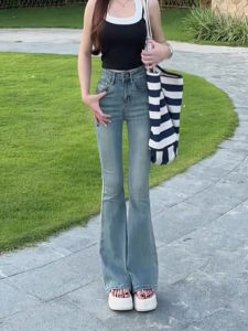 ฤดูร้อน 2024 สูง เอว บาน กางเกงยีนส์ ผู้หญิง ขาตรงสีฟ้าอ่อน ความยาวพื้น ยืดได้ กางเกงขาม้า กางเกงลำลอง