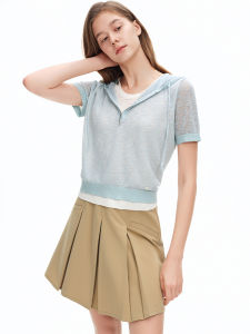 DUSHU | Layered Hooded Knitted Short Sleeve Top