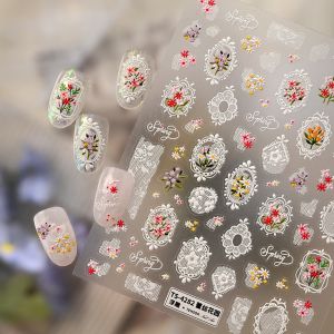 5D Lace Garden Elegant Vintage French Lace Embossed White Lace Flower Frame Small Wild Flower Clusters Nail Art Stickers Decals