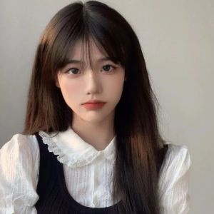 MONLEYTA | Womens Long Straight Hair Wig Thin Natural Full Head Air Bangs Lolita Sweet Face Round Summer Popular JK Brand MONLEYTA