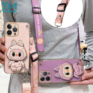 YiaMia แฟชั่น Labubu เคสโทรศัพท์น่ารักสำหรับ Y15 VIVO Y17 Y12 Y11 1901 1902 1904 1906 Y17S Y95 Y93 Y91 Y91C Y91i Y1S Y02S Pro ตัวชุบโลหะหรูหราซองนุ่มกันกระแทกโทรศัพท์พร้อมสายคล้องคอ