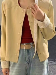 Áo Khoác Da Nữ Màu Kẹo Ren Xếp Ly Phong Cách Hàn Quốc Mùa Xuân 2025 Đơn Giản Đa Năng Thời Trang Áo Khoác Ngoài