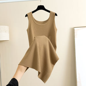 Ice Silk Knitted round Neck Vest Dress Womens Summer New Mid-Length Slimming Over-Knee Inner Wear Vest Skirt Casual Style