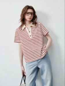 Toyouth | Áo Nữ Kiểu Thủy Thủ Cổ POLO Sọc Đối Chiếu Chất Liệu Voan