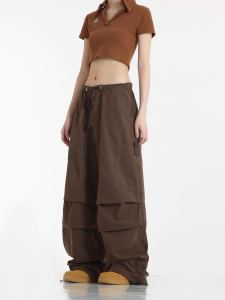 Retro American เชือกรูด ยูทิลิตี้ กางเกง ผู้หญิง หลวม ตรง ลำลอง ขากว้าง กางเกงยีนส์ ฤดูร้อน Hot เด็กผู้หญิง Paratrooper กางเกงขายาว