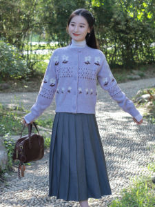 YUEZHONGWEI | Retro Fair Isle Flower Purple Round Neck Open Cardigan Womens Loose Lazy Style Knitted Outerwear Top For Autumn Winter