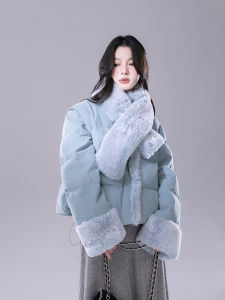 COTRE 2024 New Short Detachable Fur Collar down Jacket Thin Mist Blue Velvet Two-Piece Set Womens Fashion Cotton down Coat