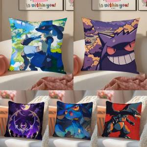 Bandai | Pokemon Gengar Anime Plush Pillow Cover Soft Short Plush Cushion Cover For Sofa Bedroom Home Decor Gift Decoration