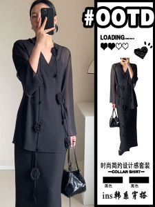 New Chinese Style Casual Black Two-Piece Set Womens Loose Thin Mesh Shirt Half Skirt Summer Fashion Ensemble Lightweight