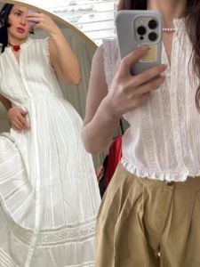 ฤดูใบไม้ผลิ ฤดูร้อน ยาว สีขาว เดรส พร้อม ลูกไม้ สําเนียงจีบหีบเพลงหนัก ปกตั้ง แขนกุด ปิดปุ่มเดียว ผ้าฝ้าย 100%