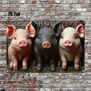 Modern Metal Wall Art | 8x12 Inch 2D Farmhouse Style Three Little Pigs Design | Rustic Metal Sign for Home Room Garden Bathroom