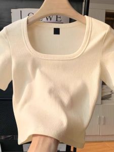 Apricot Color Square Collar Regular Shoulder Thin Summer New Stylish Slimming Short Sleeve T-Shirt