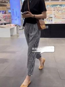 กางเกงขายาวทรงหลวมสไตล์ฮาเร็มผ้าฝ้ายลายสก็อตสีดำขาวสำหรับผู้หญิงในช่วงฤดูร้อน กางเกงขายาวทรงหลวมสบาย ๆ ทรงสลิมฟิต กางเกงขายาวทรงสลิมฟิต