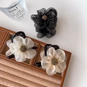 Womens Hair Claw with High-end Mesh Flowers Hair Clip Half-up Ponytail Shark Clip Sunflower Detail Hair Claw