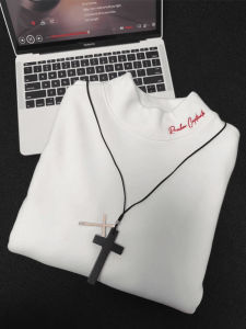 White Mock Neck Embroidered Warm T-Shirt