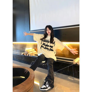 Mid-Length Long Cotton T-Shirt for Women Loose Fit Summer Printed Letter Heart Design Retro American Style Clothing