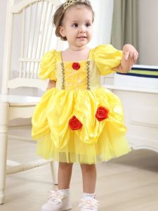 Baby Yellow 3D Floral Dress Short Sleeve Belle Princess Dress Soft Breathable Infant Dress Size 6M-3Y Kids Birthday Party Dress