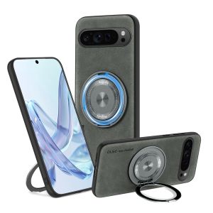 For Magsafe Magnetic 360°Rotat Metal Car Bracket Ring Solid Color Leather Phone Case For Google Pixel 10 9 Pro XL 9 Pro 8 Pro
