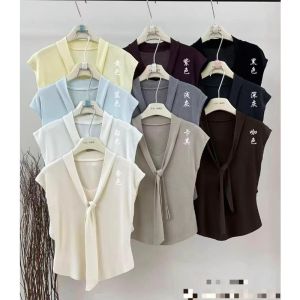 YUEZHONGWEI | French V-neck Knot Ice Silk Knitted Short Sleeve T-shirt Women Summer New Style Slimming Short Length Top Asymmetrical Commute Style Pure Color