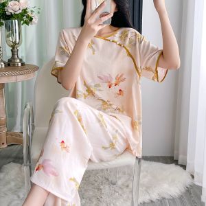 Bộ Đồ Ngủ Lụa Cotton Mùa Hè Cho Nữ Tay Ngắn Quần Dài Rộng Rãi Mỏng Nhẹ Chất Liệu Cotton Nhân Tạo in Họa Tiết Hoa