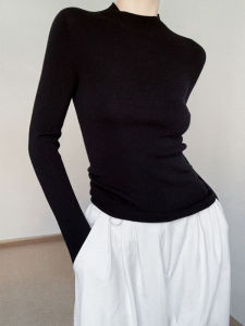 French Style Black Knitted Slim Fit Mid-Neck Half High-Neck Base Shirt Womens Autumn Winter Fashionable Inner Wear Top
