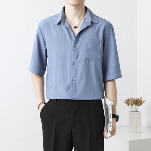 Black Summer Ice Silk Thin Stripe Short Sleeve Mens Casual Street Style Light Maturity Wind Half Sleeve Shirt Youth Loose Fit