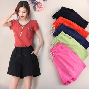 Ready Stock Shorts Women S-4XL Plus Size Loose Cotton Linen Shorts Summer Thin Solid Color Beach Shorts Female Girls Outdoor Sport Elastic Waist Pocket Shorts Casual Wide Leg Shorts