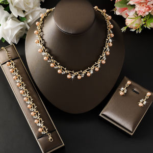 4pcs womens jewelry set with pearl rhinestone necklace earrings bracelets brides wedding accessories