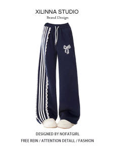 American Style Lace Trimmed Fleece Lined Straight Leg Wide Leg Casual Pants Womens Autumn Winter Sports Sweatpants Loose Fit