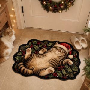 VIKAMA Christmas Cats Doormat Two Kittens Santa Hat Reindeer Antler Irregular Shape Non Slip Soft Flannel Floor Rug Xmas Holiday