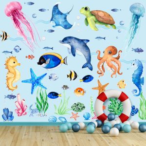 4 Sheets Removable Ocean Life Marine Animal Sticker Creatures Decor for Kids Girls Boy Nursery Bedroom Bathroom