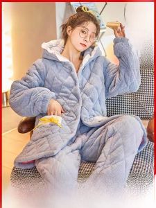 MiiOW | Thickened Coral Fleece Sleepwear Womens Autumn Winter Home Clothes Set Warm Flannel Padded Three-layer Cotton Coat Womens Pyjamas
