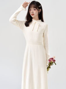 Boracqi Spring Autumn New Butterfly Knot Petal Sleeve Knitted Dress Womens Wooden Edge Middle Length A-Line Skirt Dress