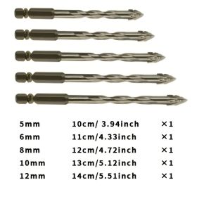 5Pcs Hex Shank Cross Spear Masonry Drill Bits 5-12mm Four Serrated Tip for Tile Concrete Brick Glass Wood Drilling