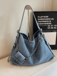 Large Capacity Denim Tote Bag Womens Commuter Shoulder Crossbody Bag Fashion Trend Soft Polyester Lining Non-Washable